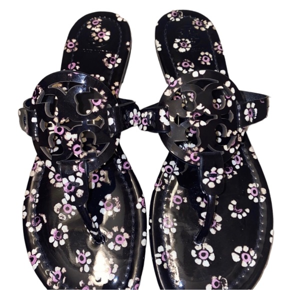 Designer Tory Burch Miller Sandal Patent Leather Black & Floral Print New Size 8 - Picture 3 of 11